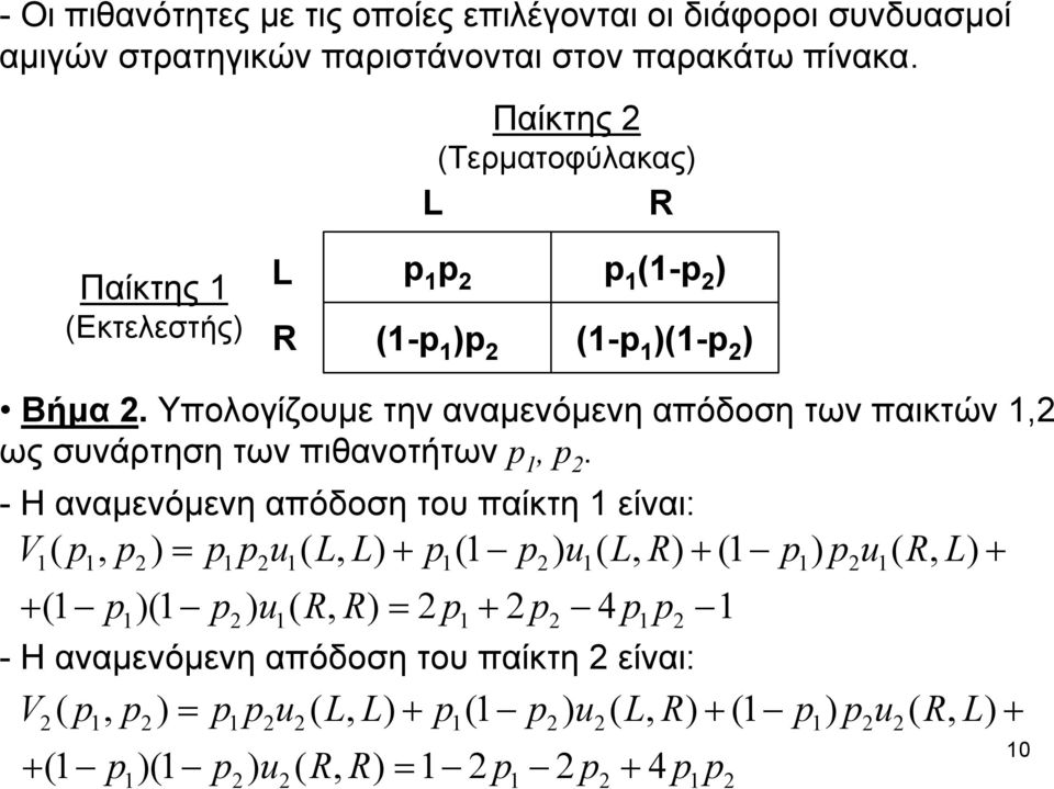 Υπολογίζουμε την αναμενόμενη απόδοση των παικτών, ως συνάρτηση των πιθανοτήτων p, p.