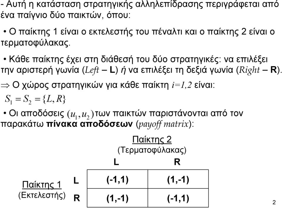 Κάθε παίκτης έχει στη διάθεσή του δύο στρατηγικές: να επιλέξει την αριστερή γωνία (Left L) ή να επιλέξει τη δεξιά γωνία (Right R).
