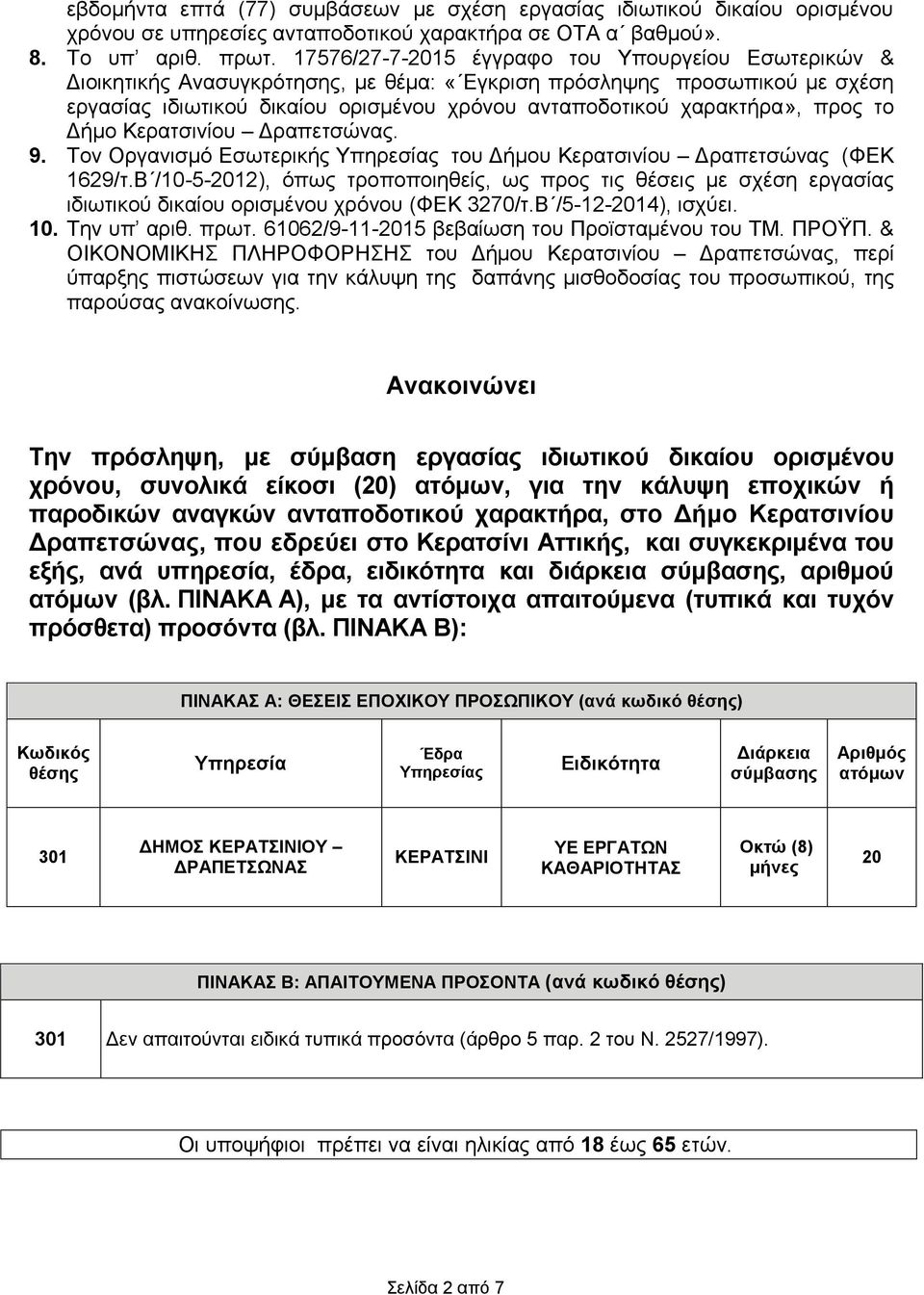 προς το Δήμο Κερατσινίου Δραπετσώνας. 9. Τον Οργανισμό Εσωτερικής Υπηρεσίας του Δήμου Κερατσινίου Δραπετσώνας (ΦΕΚ 1629/τ.