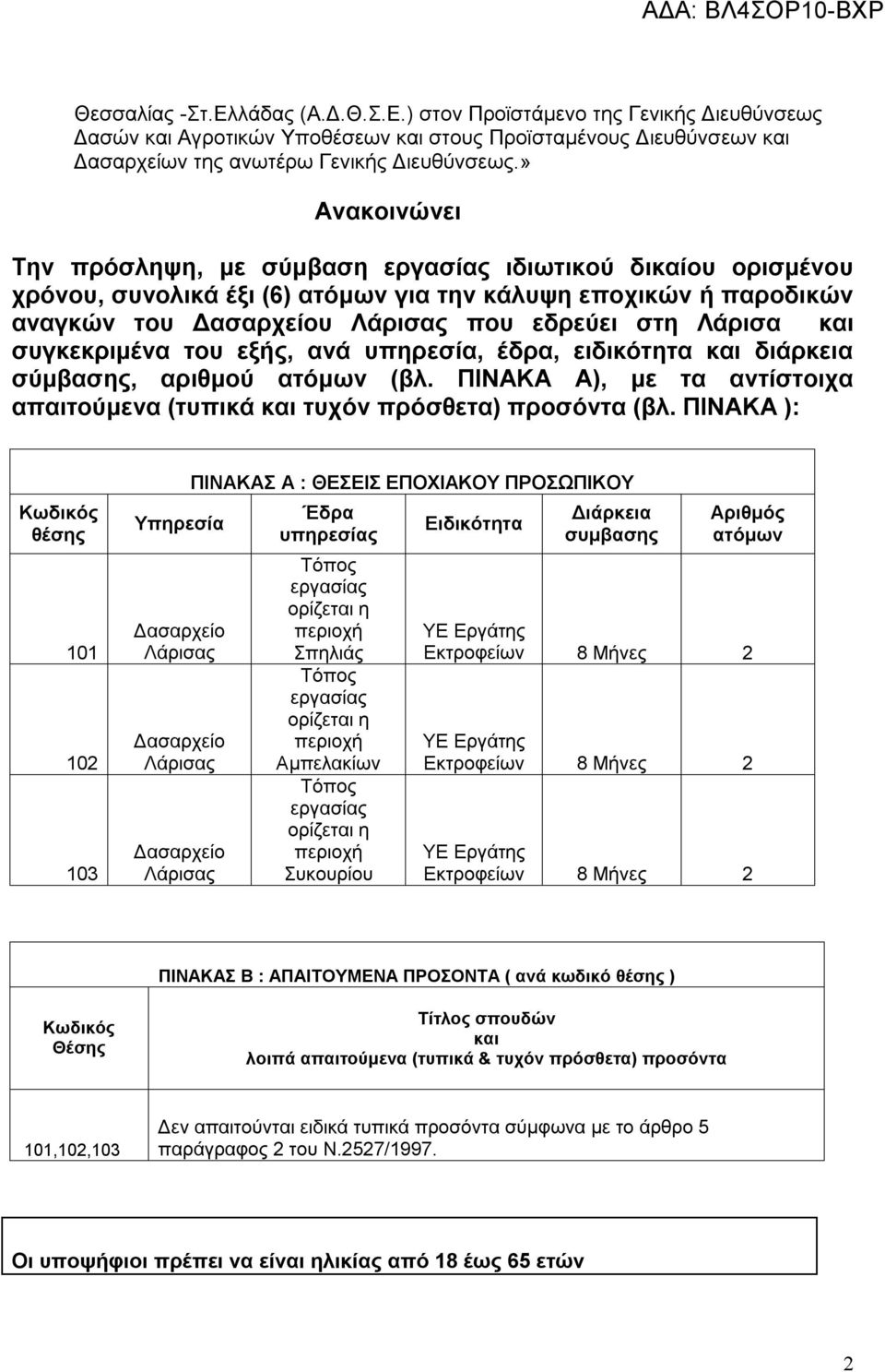 και συγκεκριμένα του εξής, ανά υπηρεσία, έδρα, ειδικότητα και διάρκεια σύμβασης, αριθμού ατόμων (βλ. ΠΙΝΑΚΑ Α), με τα αντίστοιχα απαιτούμενα (τυπικά και τυχόν πρόσθετα) προσόντα (βλ.