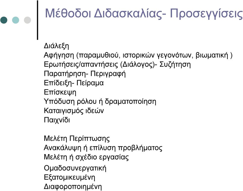 Πείραμα Επίσκεψη Υπόδυση ρόλου ή δραματοποίηση Καταιγισμός ιδεών Παιχνίδι Μελέτη Περίπτωσης