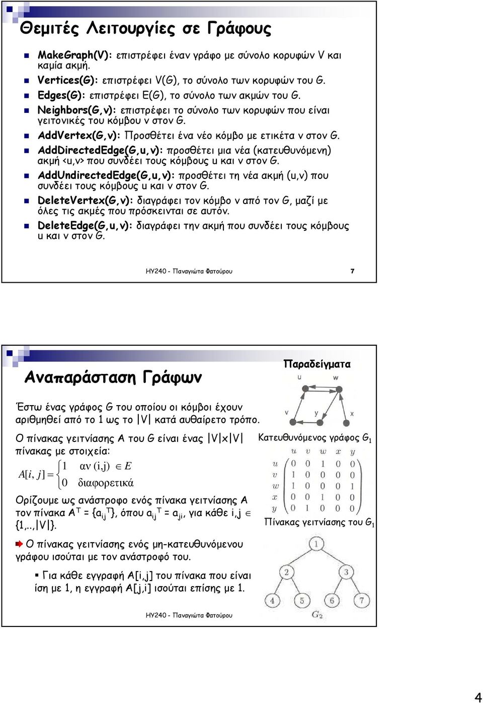 AddVertex(G,v): Προσθέτει ένα νέο κόµβο µε ετικέτα v στον G. AddDirectedEdge(G,u,v): προσθέτει µια νέα (κατευθυνόµενη) ακµή <u,v> που συνδέει τους κόµβους u και v στον G.