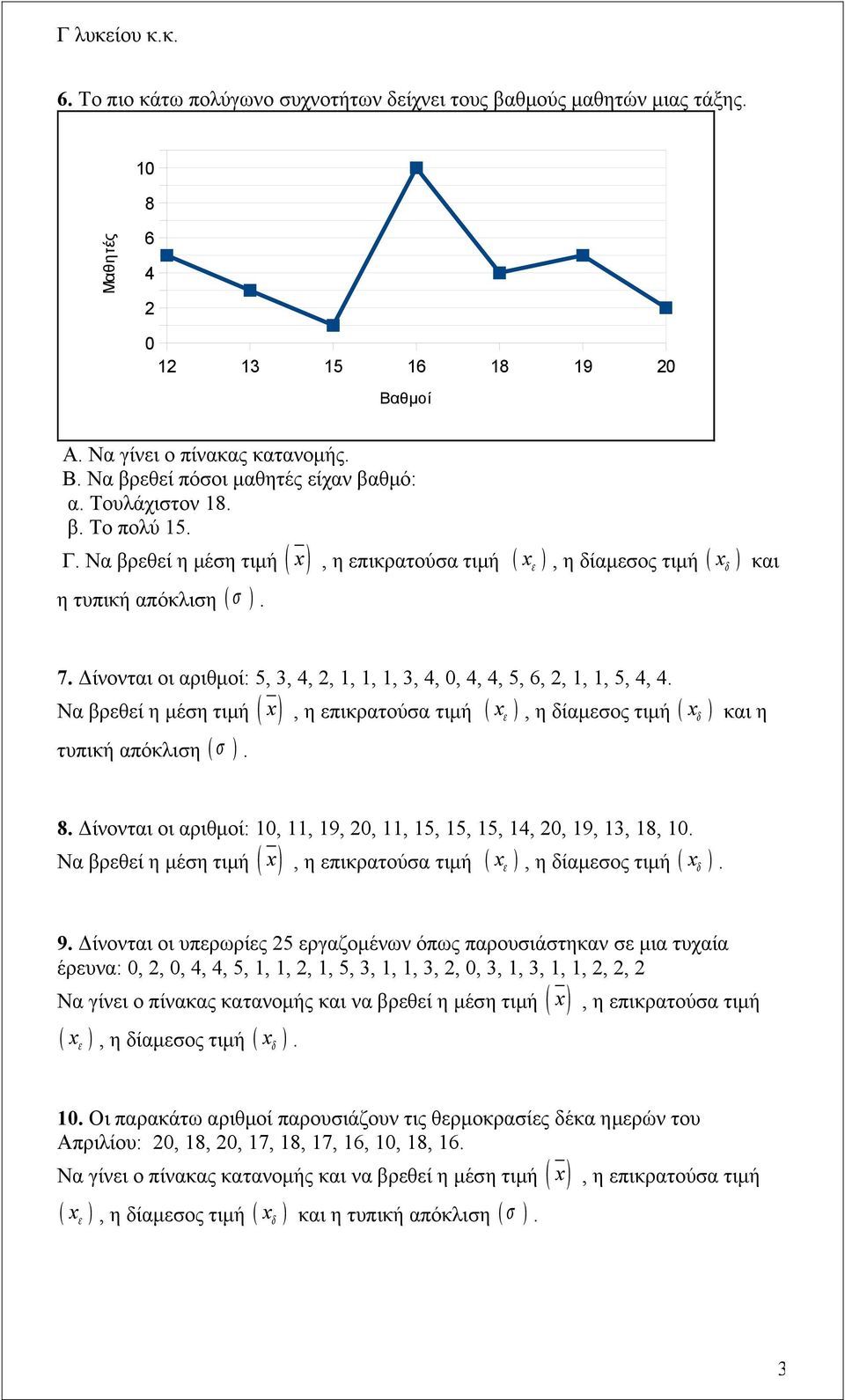 Δίνονται οι αριθμοί: 10, 11, 19, 20, 11, 15, 15, 15, 14, 20, 19, 13, 18, 10. Να βρεθεί η μέση τιμή ( ) x δ. 9.