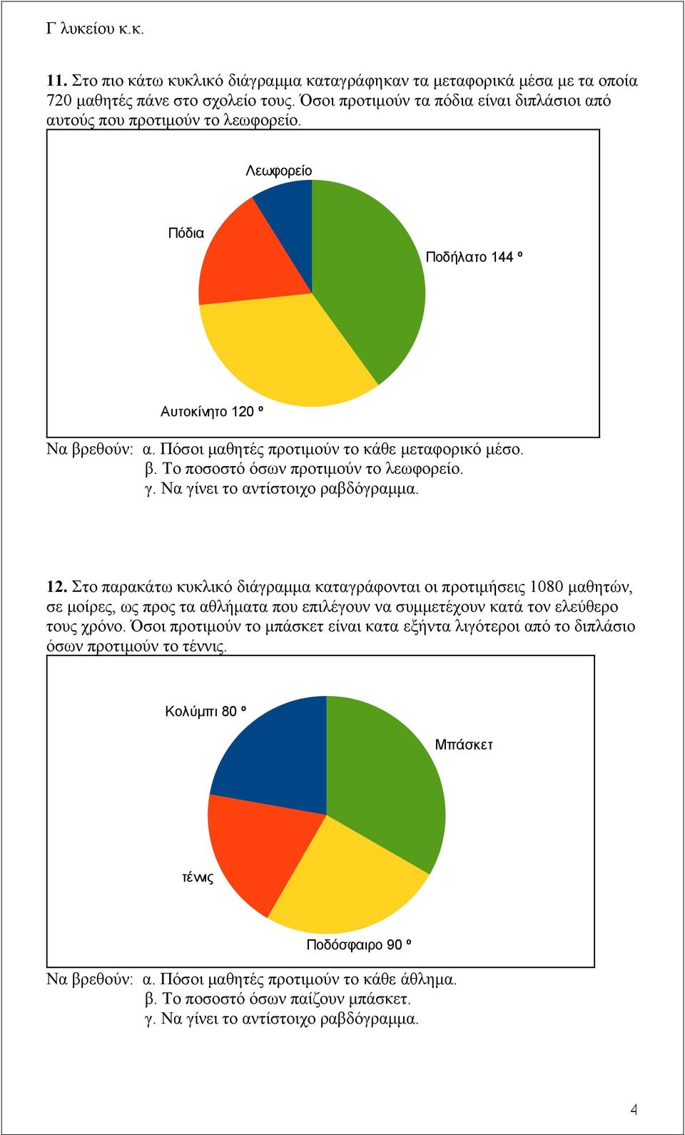 º Να βρεθούν: α. Πόσοι μαθητές προτιμούν το κάθε μεταφορικό μέσο. β. Το ποσοστό όσων προτιμούν το λεωφορείο. γ. Να γίνει το αντίστοιχο ραβδόγραμμα. 12.