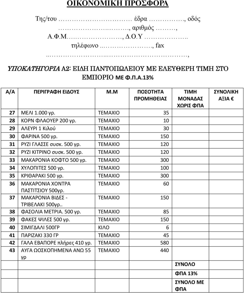 ΤΕΜΑΧΙΟ 300 34 ΧΥΛΟΠΙΤΕΣ 500 γρ. ΤΕΜΑΧΙΟ 100 35 ΚΡΙΘΑΡΑΚΙ 500 γρ. ΤΕΜΑΧΙΟ 300 36 ΜΑΚΑΡΟΝΙΑ ΧΟΝΤΡΑ ΤΕΜΑΧΙΟ 60 ΠΑΣΤΙΤΣΙΟΥ 500γρ. 37 ΜΑΚΑΡΟΝΙΑ ΒΙΔΕΣ - ΤΕΜΑΧΙΟ 150 ΤΡΙΒΕΛΑΚΙ 500γρ.