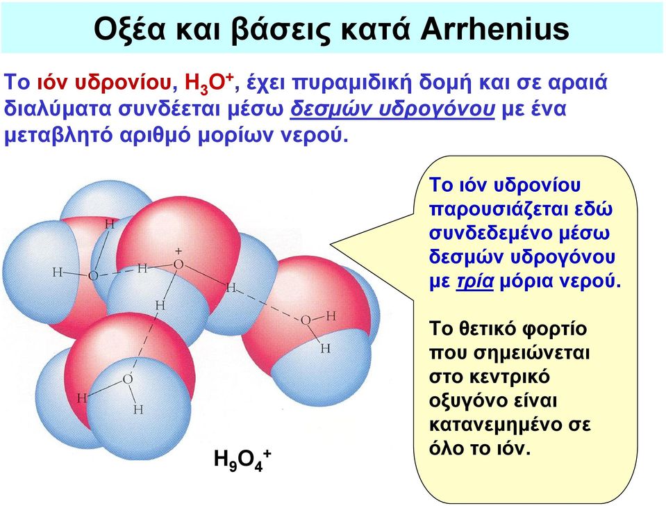 Το ιόν υδρονίου παρουσιάζεται εδώ συνδεδεμένο μέσω δεσμών υδρογόνου με τρία μόρια νερού.