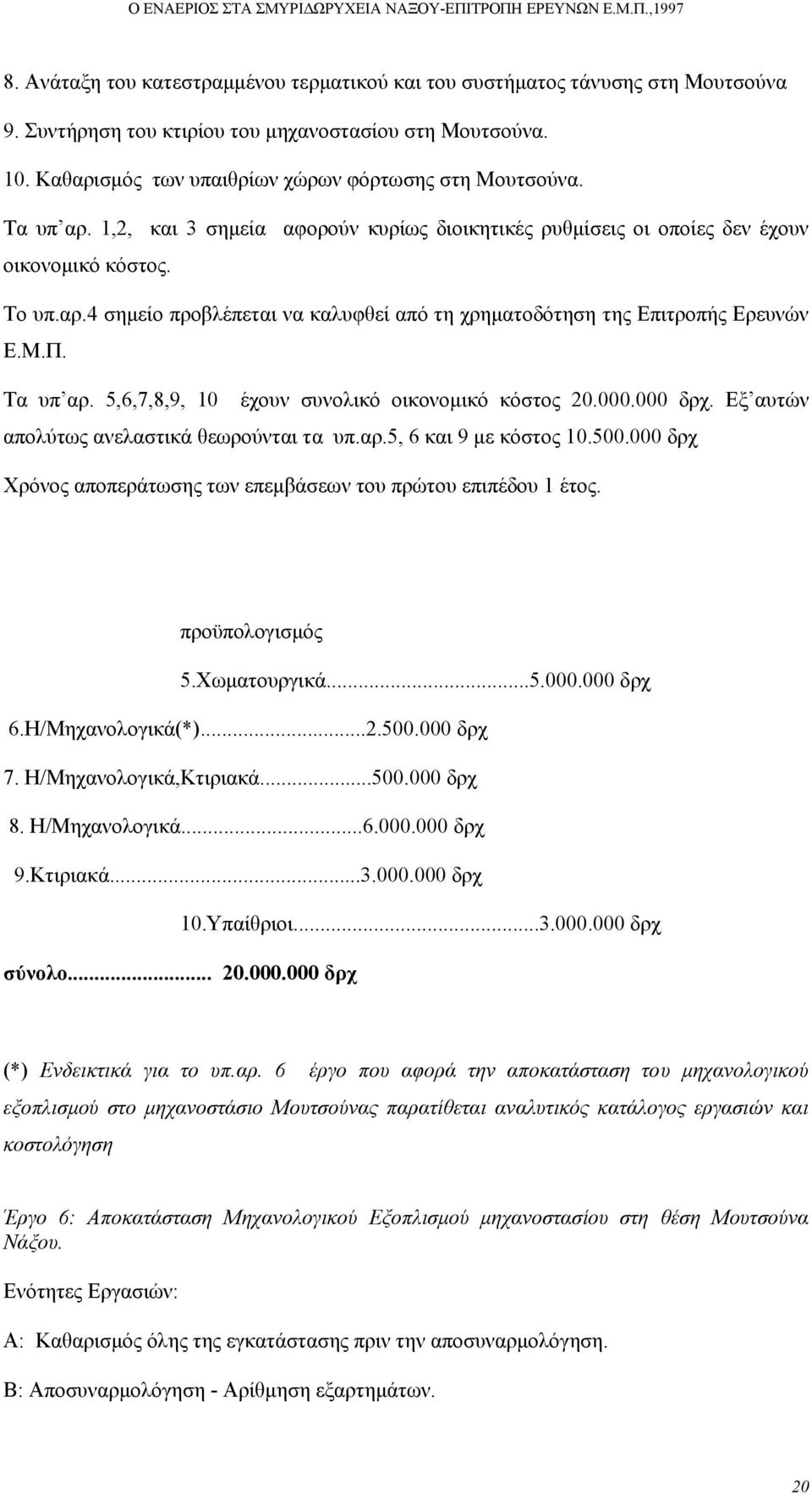 Τα υπ αρ. 5,6,7,8,9, 10 έχουν συνολικό οικονοµικό κόστος 20.000.000 δρχ. Εξ αυτών απολύτως ανελαστικά θεωρούνται τα υπ.αρ.5, 6 και 9 µε κόστος 10.500.
