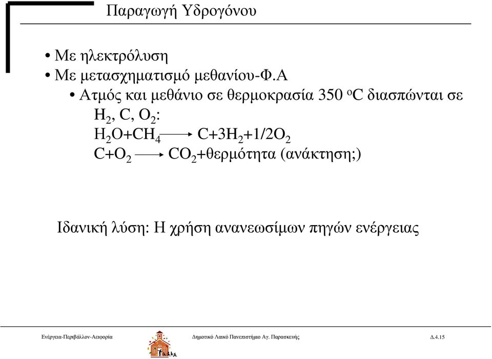4 C+3H 2 +1/2O 2 C+O 2 CO 2 +θερμότητα (ανάκτηση;) Ιδανική λύση: Η χρήση