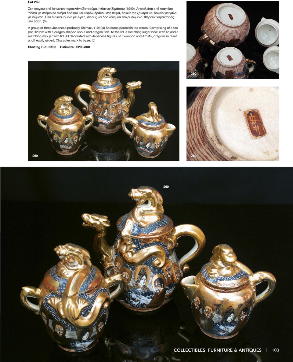 Όλα διακοσμημένα με Αγίες, Αγίους και δράκους και επιχρυσωμένα. Φέρουν χαρακτήρες στη βάση. (6) A group of three Japanese probably Shimazu (1940s) Satsuma porcelain tea wares.