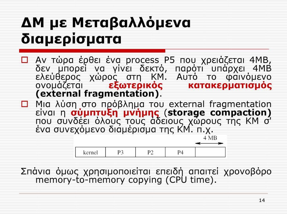 Μια λύση στο πρόβλημα του external fragmentation είναι η σύμπτυξη μνήμης (storage compaction) που συνδέει όλους τους άδειους