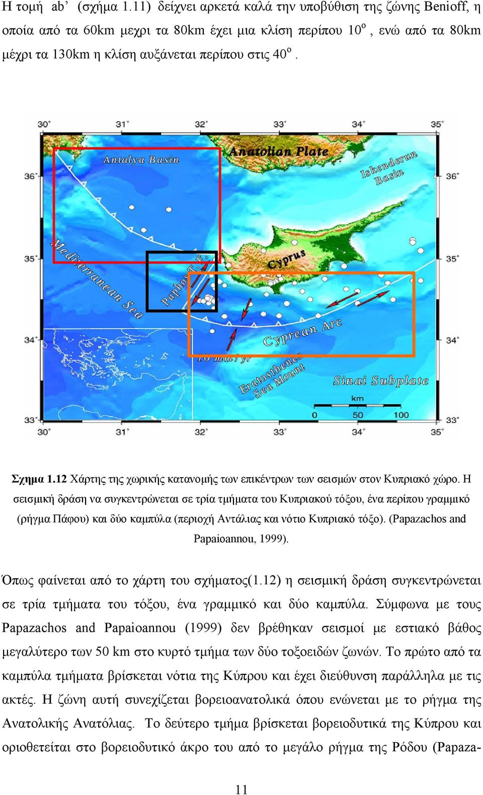 Η σεισμική δράση να συγκεντρώνεται σε τρία τμήματα του Κυπριακού τόξου, ένα περίπου γραμμικό (ρήγμα Πάφου) και δύο καμπύλα (περιοχή Αντάλιας και νότιο Κυπριακό τόξο).