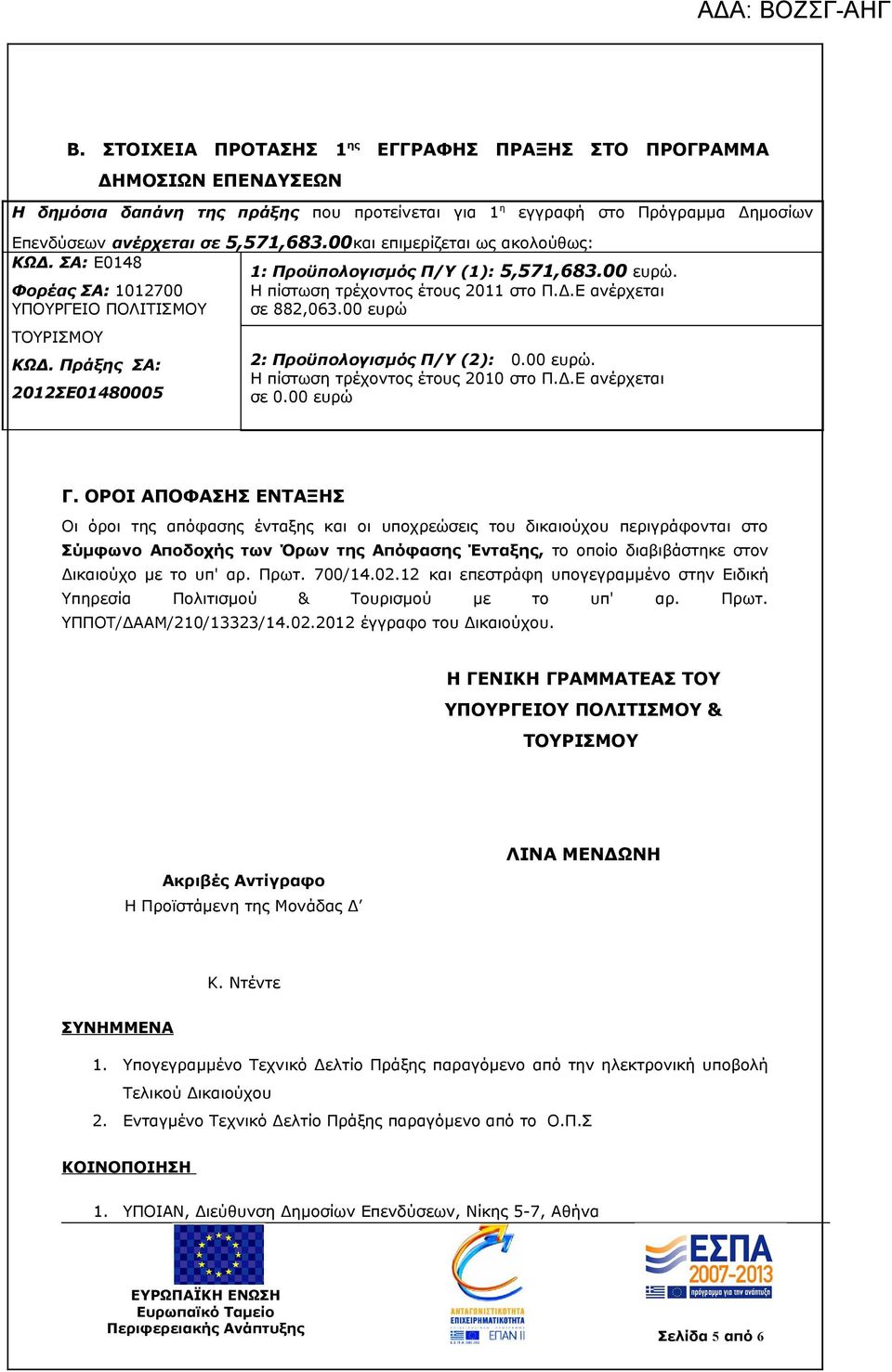 00 ευρώ ΤΟΥΡΙΣΜΟΥ ΚΩΔ. Πράξης ΣΑ: 2012ΣΕ01480005 2: Προϋπολογισμός Π/Υ (2): 0.00 ευρώ. Η πίστωση τρέχοντος έτους 2010 στο Π.Δ.Ε ανέρχεται σε 0.00 ευρώ Γ.