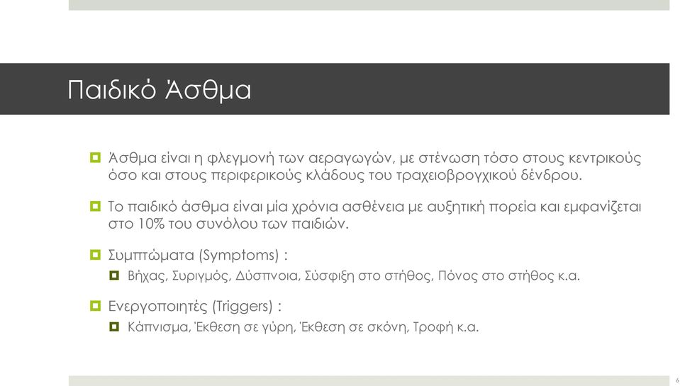 Το παιδικό άσθμα είναι μία χρόνια ασθένεια με αυξητική πορεία και εμφανίζεται στο 10% του συνόλου των