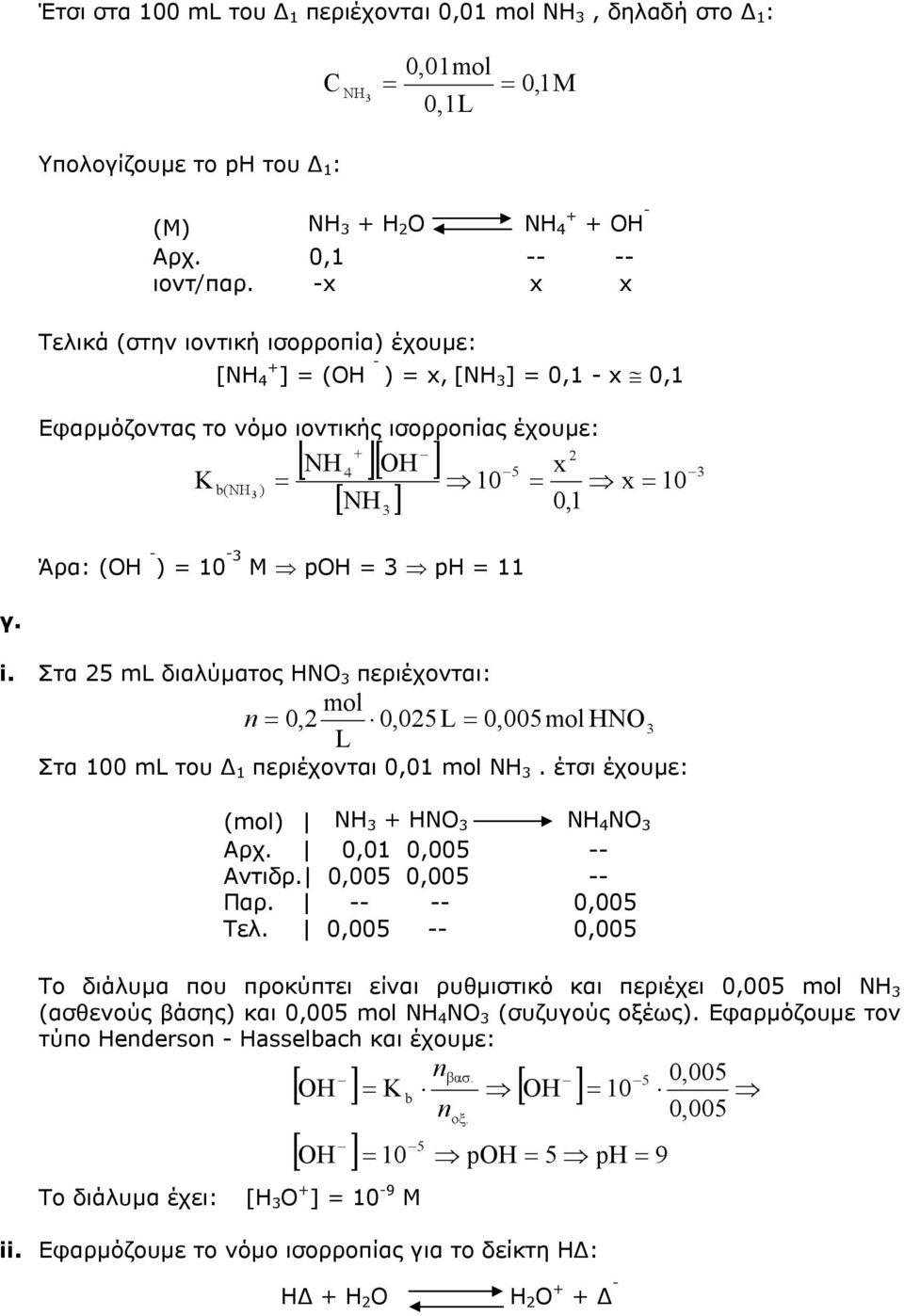 Μ poh ph 11 γ. i. Στα 25 ml διαλύµατος ΗΝΟ περιέχονται: mol n 0,2 0,025 L 0,005mol HNO L Στα 100 ml του 1 περιέχονται 0,01 mol ΝΗ. έτσι έχουµε: (mol) ΝΗ ΗΝΟ ΝΗ 4 ΝΟ Aρχ. 0,01 0,005 -- Αντιδρ.