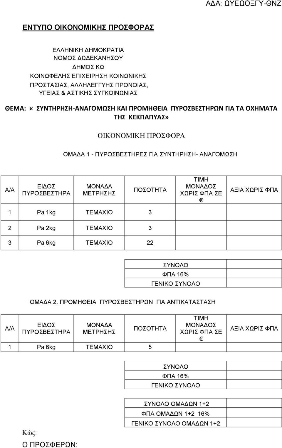 ΧΩΡΙΣ ΦΠΑ ΣΕ ΑΞΙΑ ΧΩΡΙΣ ΦΠΑ 1 Pa 1kg ΤΕΜΑΧΙΟ 3 2 Pa 2kg ΤΕΜΑΧΙΟ 3 3 Pa 6kg ΤΕΜΑΧΙΟ 22 ΣΥΝΟΛΟ ΦΠΑ 16% ΓΕΝΙΚΟ ΣΥΝΟΛΟ ΟΜΑΔΑ 2.