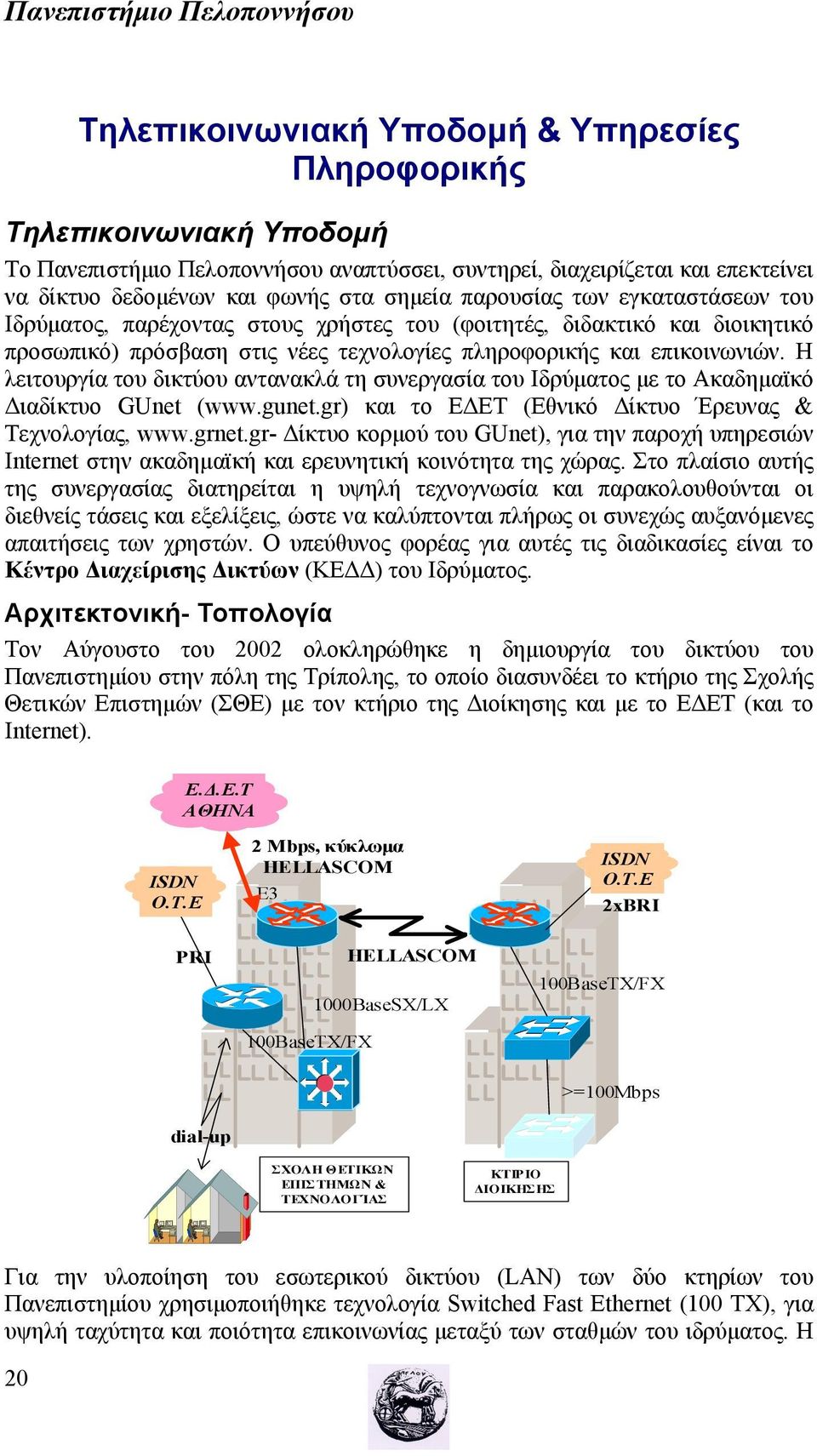 Η λειτουργία του δικτύου αντανακλά τη συνεργασία του Ιδρύματος με το Ακαδημαϊκό Διαδίκτυο GUnet (www.gunet.gr) και το ΕΔΕΤ (Εθνικό Δίκτυο Έρευνας & Τεχνολογίας, www.grnet.