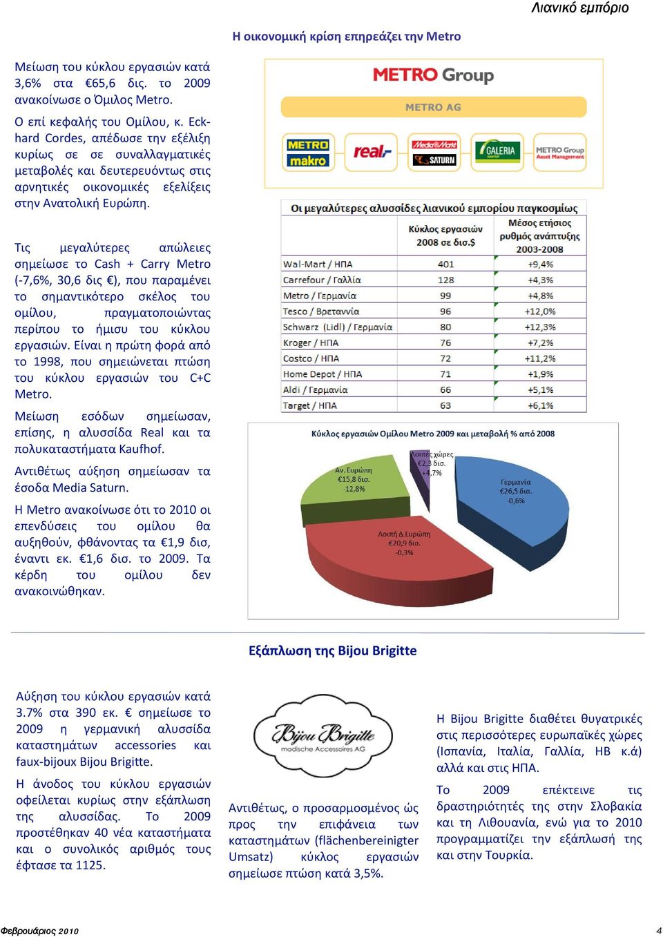 Τις μεγαλύτερες απώλειες σημείωσε το Cash + Carry Metro (-7,6%, 30,6 δις ), που παραμένει το σημαντικότερο σκέλος του ομίλου, πραγματοποιώντας περίπου το ήμισυ του κύκλου εργασιών.