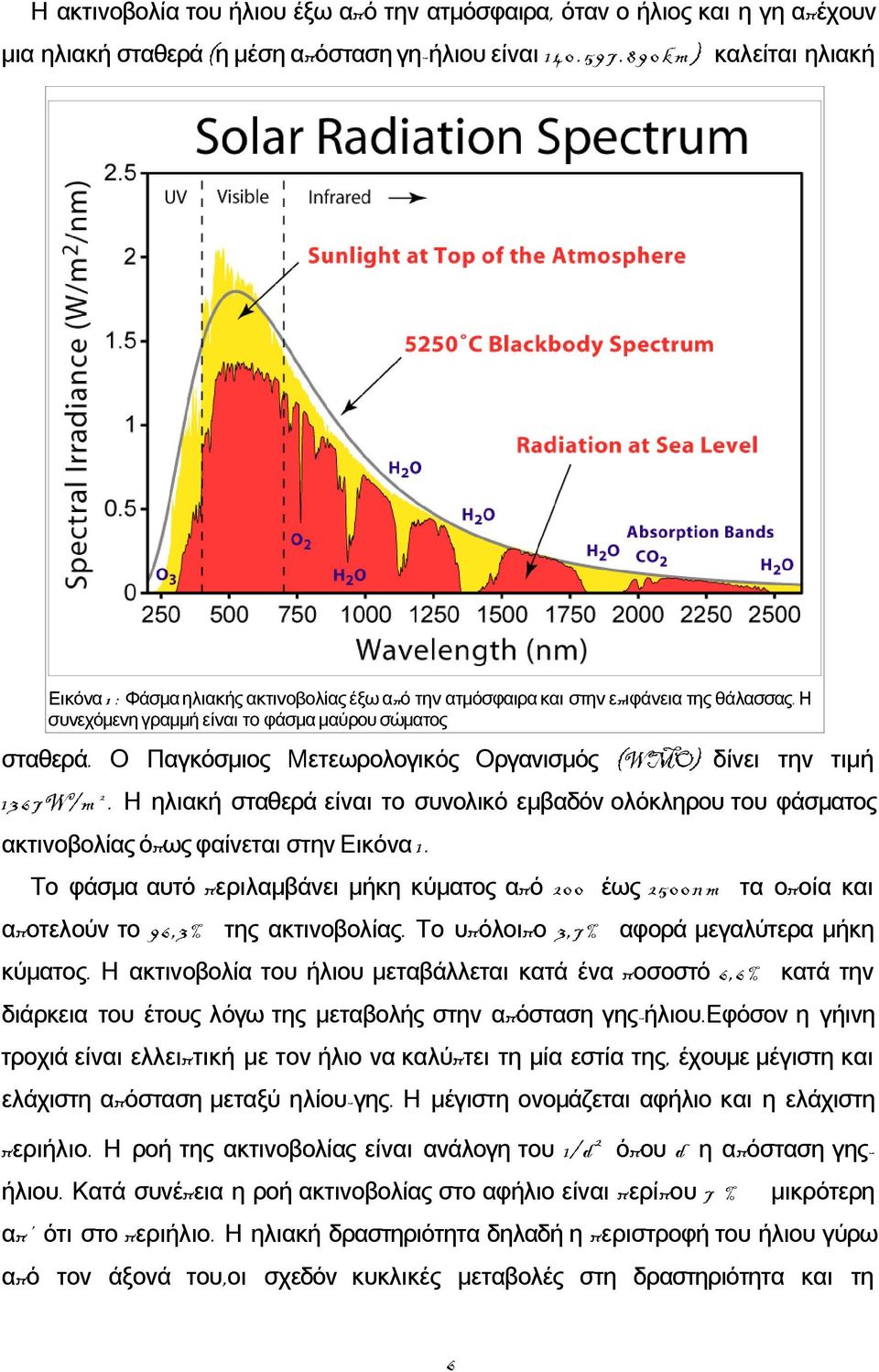 Ο Παγκόσμιος Μετεωρολογικός Οργανισμός (WMO) δίνει την τιμή 13 6 7W/m 2. Η ηλιακή σταθερά είναι το συνολικό εμβαδόν ολόκληρου του φάσματος ακτινοβολίας όπως φαίνεται στην Εικόνα 1.