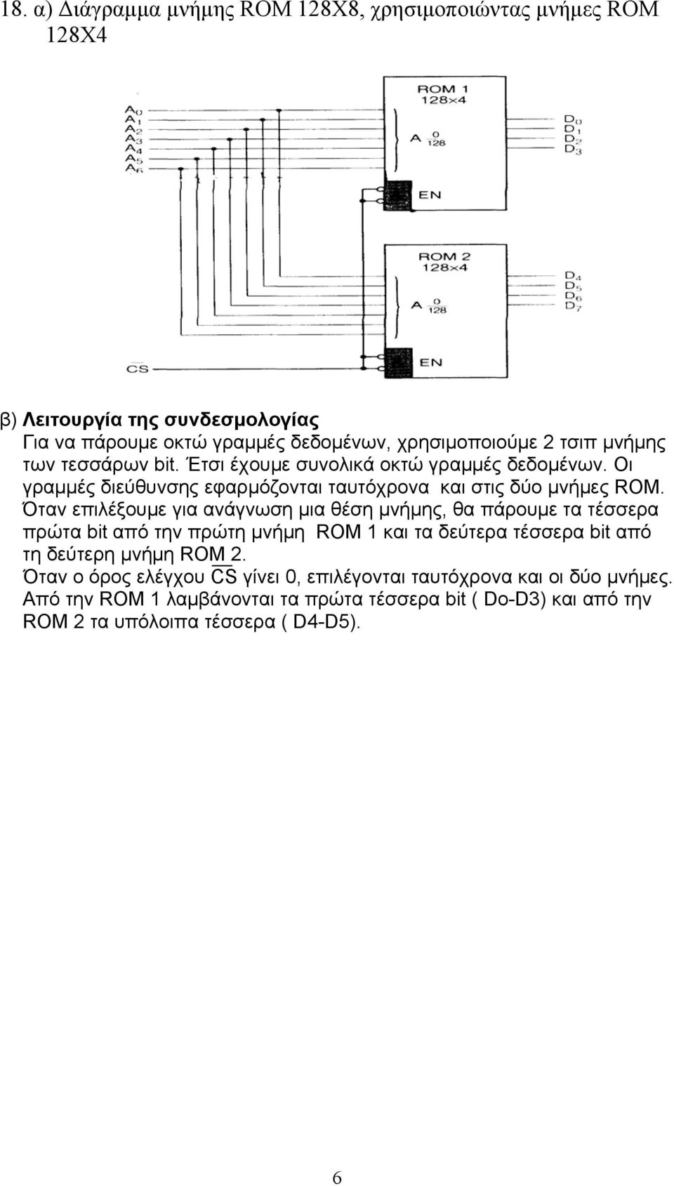 Όταν επιλέξουμε για ανάγνωση μια θέση μνήμης, θα πάρουμε τα τέσσερα πρώτα bit από την πρώτη μνήμη ROM 1 και τα δεύτερα τέσσερα bit από τη δεύτερη μνήμη ROM 2.