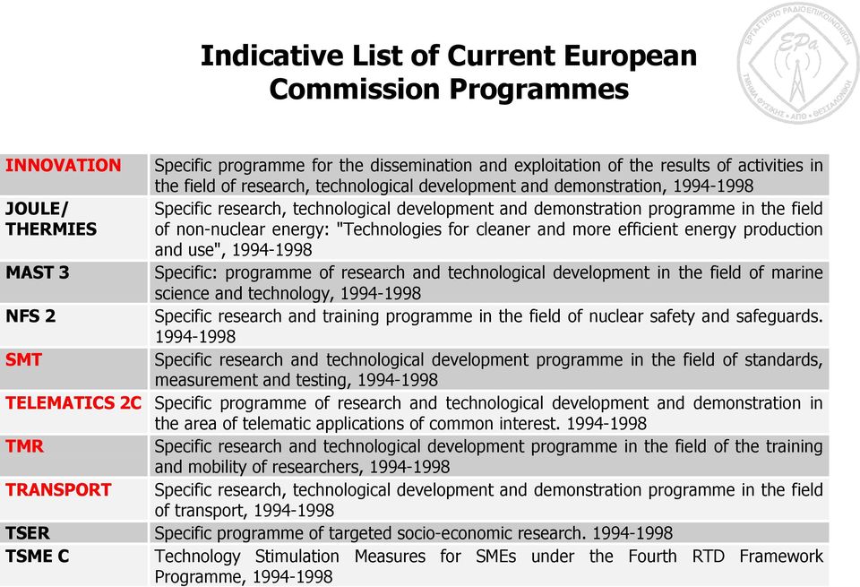 more efficient energy production and use", 1994-1998 MAST 3 Specific: programme of research and technological development in the field of marine science and technology, 1994-1998 NFS 2 Specific