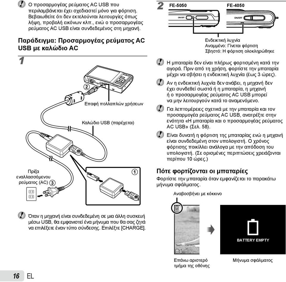 2 FE-5050 FE-4050 Παράδειγμα: Προσαρμογέας ρεύματος AC USB με καλώδιο AC 1 2 Επαφή πολλαπλών χρήσεων Καλώδιο USB (παρέχεται) Ενδεικτική λυχνία Αναμμένο: Γίνεται φόρτιση Σβηστό: Η φόρτιση ολοκληρώθηκε