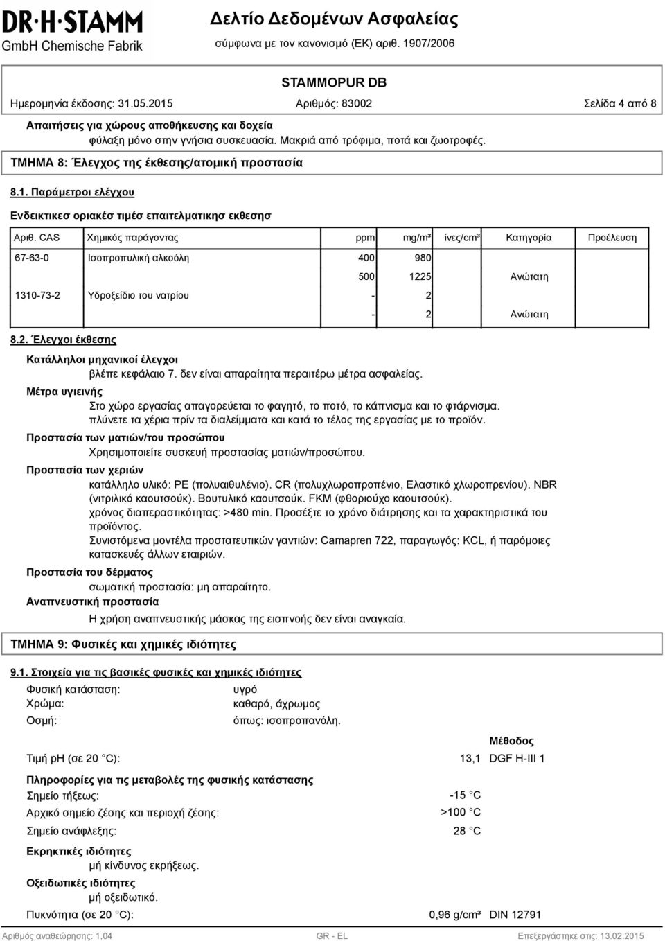 CAS Χημικός παράγοντας ppm mg/m³ ίνες/cm³ Κατηγορία Προέλευση 67-6-0 Ισοπροπυλική αλκοόλη 400 980 500 1225 110-7-2 Υδροξείδιο του νατρίου - 2-2 Ανώτατη Ανώτατη 8.2. Έλεγχοι έκθεσης Κατάλληλοι μηχανικοί έλεγχοι βλέπε κεφάλαιο 7.