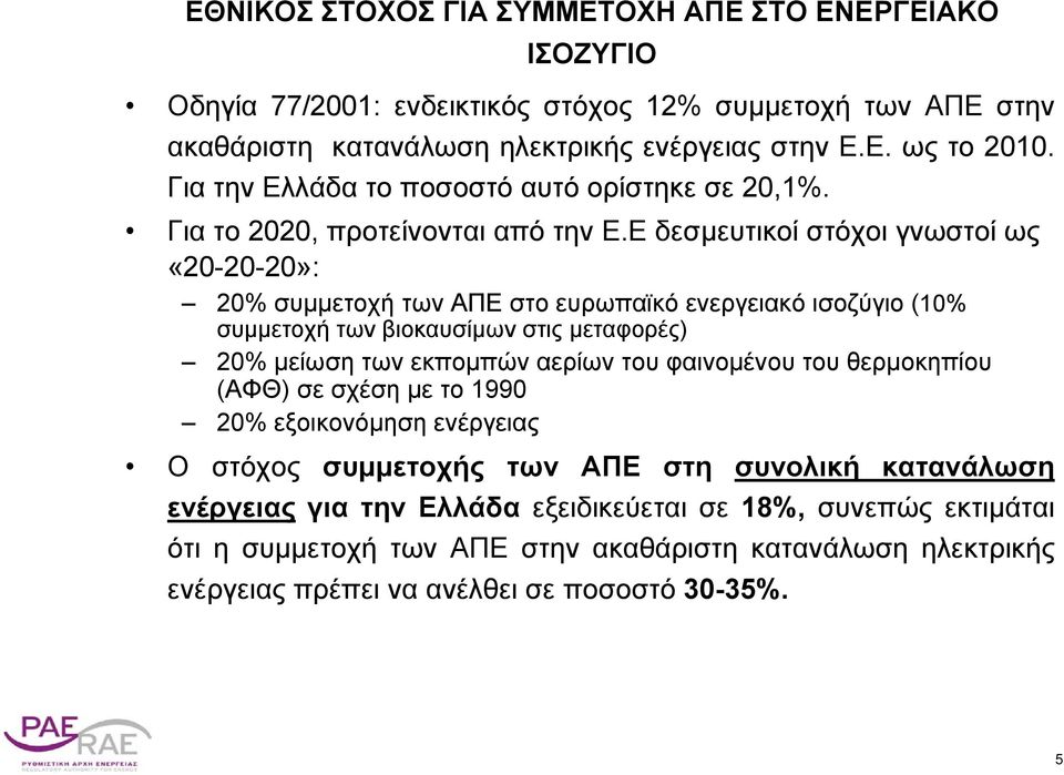 Ε δεσμευτικοί στόχοι γνωστοί ως «20-20-20»: 20% συμμετοχή των ΑΠΕ στο ευρωπαϊκό ενεργειακό ισοζύγιο (10% συμμετοχή των βιοκαυσίμων στις μεταφορές) 20% μείωση των εκπομπών αερίων του