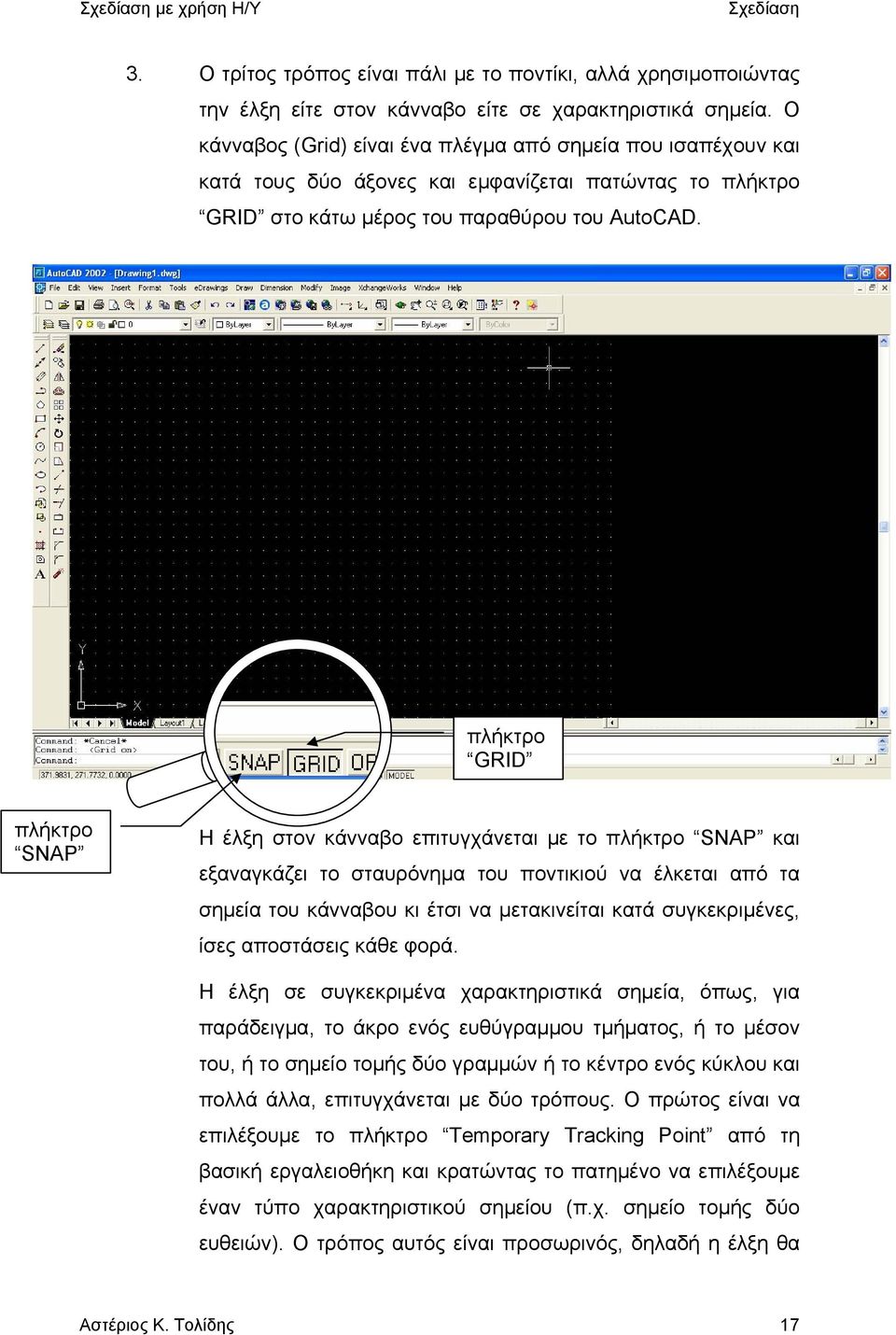 πλήκτρο GRID πλήκτρο SNAP Η έλξη στον κάνναβο επιτυγχάνεται με το πλήκτρο SNAP και εξαναγκάζει το σταυρόνημα του ποντικιού να έλκεται από τα σημεία του κάνναβου κι έτσι να μετακινείται κατά