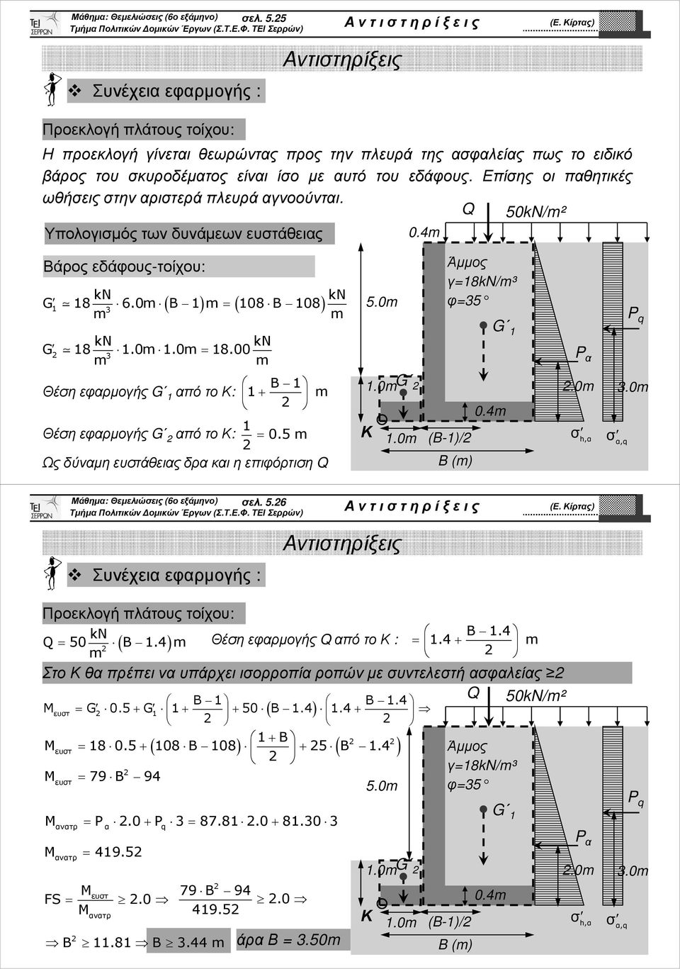 0 = 18.00 3 P α Θέσηεφαρµογής G 1από τοκ: B 1 1+ 1 Θέσηεφαρµογής G από τοκ: = 0.5 Ως δύναµη ευστάθειας δρα και η επιφόρτιση Q 1.0G.0 3.0 Κ 1.0 (B-1)/ B () h,α α,q Μάθηµα: Θεµελιώσεις (6ο εξάµηνο) σελ.