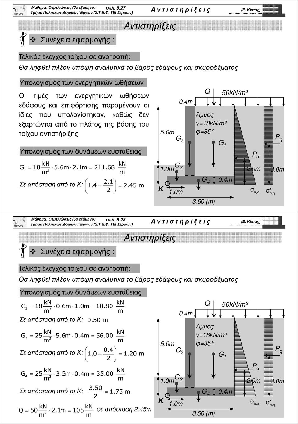 παραµένουν οι ίδιες που υπολογίστηκαν, καθώς δεν εξαρτώνται από το πλάτος της βάσης του τοίχου αντιστήριξης. Υπολογισµός των δυνάµεων ευστάθειας G = 18 5.6.1 = 11.68 1 3 ΣεαπόστασηαπότοΚ:.1 1.4+ =.