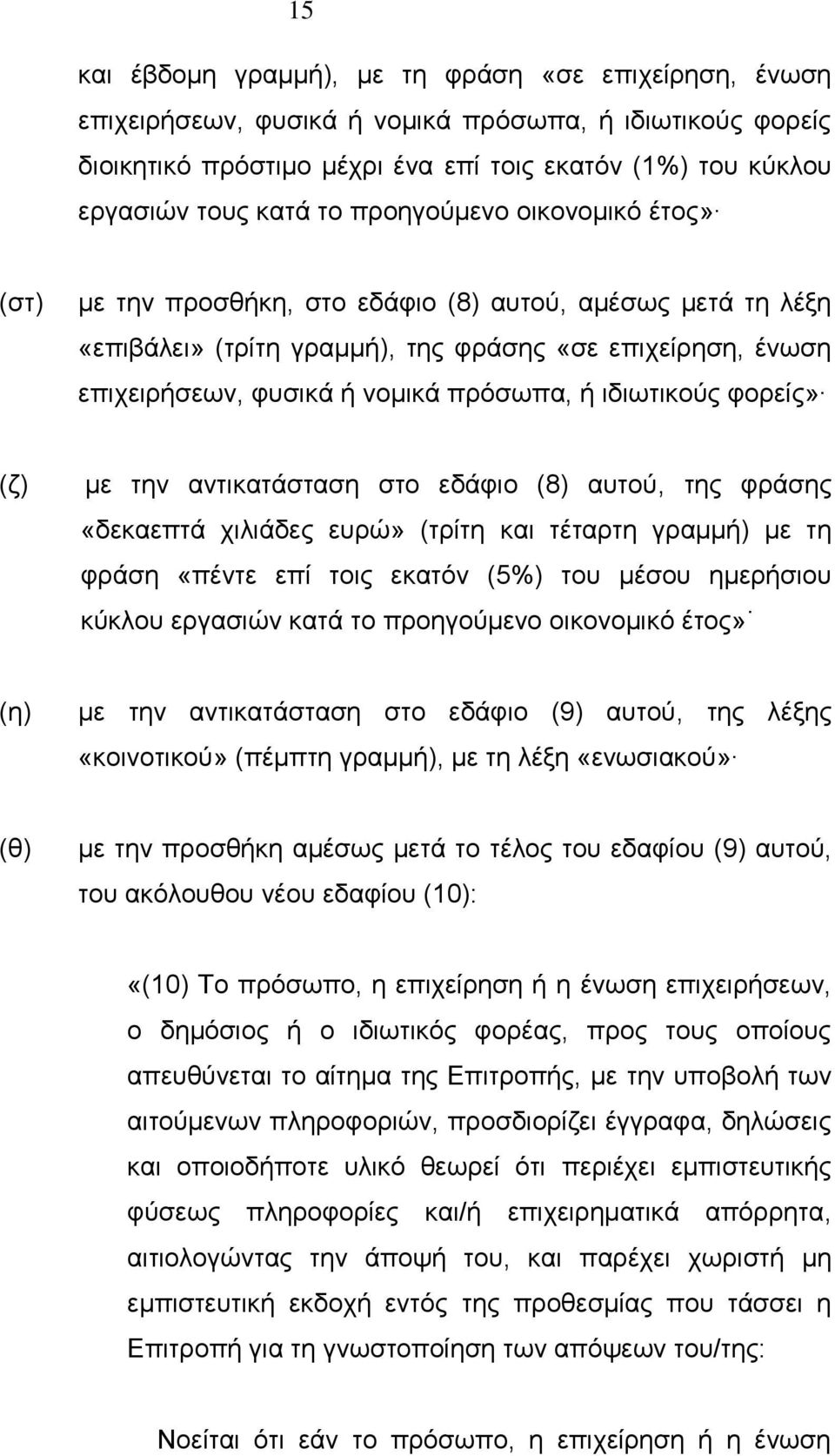 ιδιωτικούς φορείς» (ζ) με την αντικατάσταση στο εδάφιο (8) αυτού, της φράσης «δεκαεπτά χιλιάδες ευρώ» (τρίτη και τέταρτη γραμμή) με τη φράση «πέντε επί τοις εκατόν (5%) του μέσου ημερήσιου κύκλου