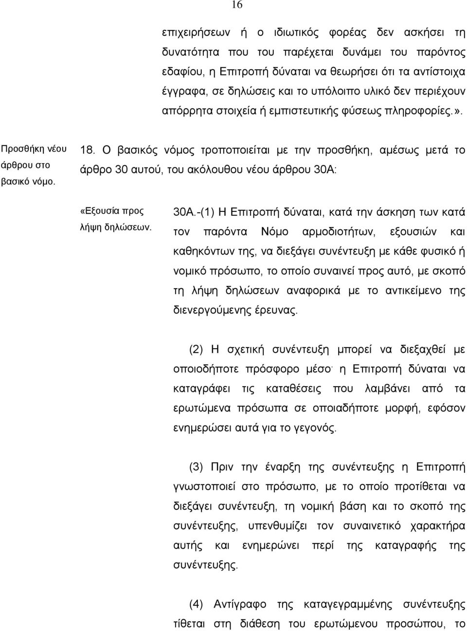 Ο βασικός νόμος τροποποιείται με την προσθήκη, αμέσως μετά το άρθρο 30 αυτού, του ακόλουθου νέου άρθρου 30Α: