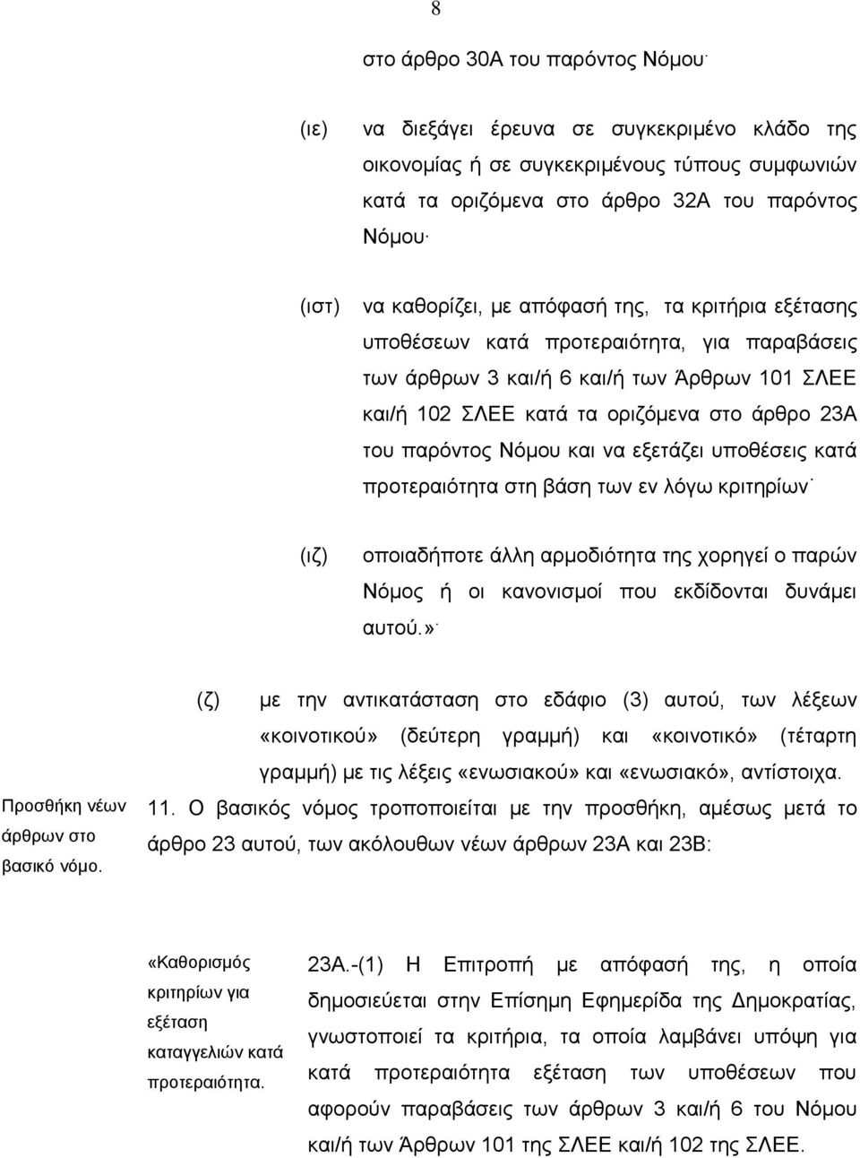 εξέτασης υποθέσεων κατά προτεραιότητα, για παραβάσεις των άρθρων 3 και/ή 6 και/ή των Άρθρων 101 ΣΛΕΕ και/ή 102 ΣΛΕΕ κατά τα οριζόμενα στο άρθρο 23Α του παρόντος Νόμου και να εξετάζει υποθέσεις κατά