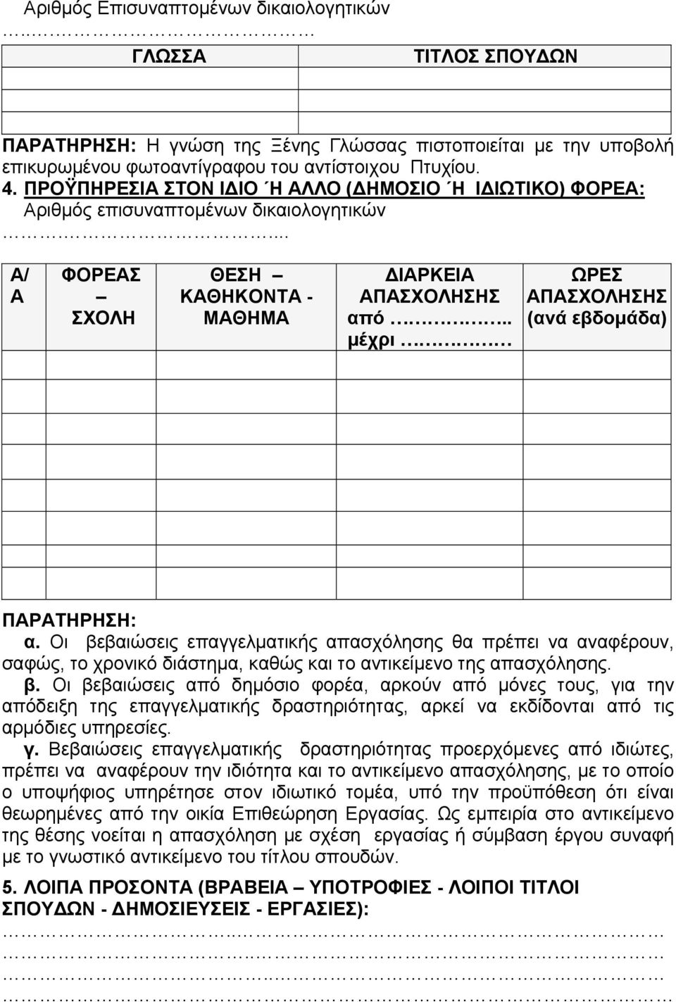 . μέχρι ΩΡΕΣ ΑΠΑΣΧΟΛΗΣΗΣ (ανά εβδομάδα) ΠΑΡΑΤΗΡΗΣΗ: α. Οι βε