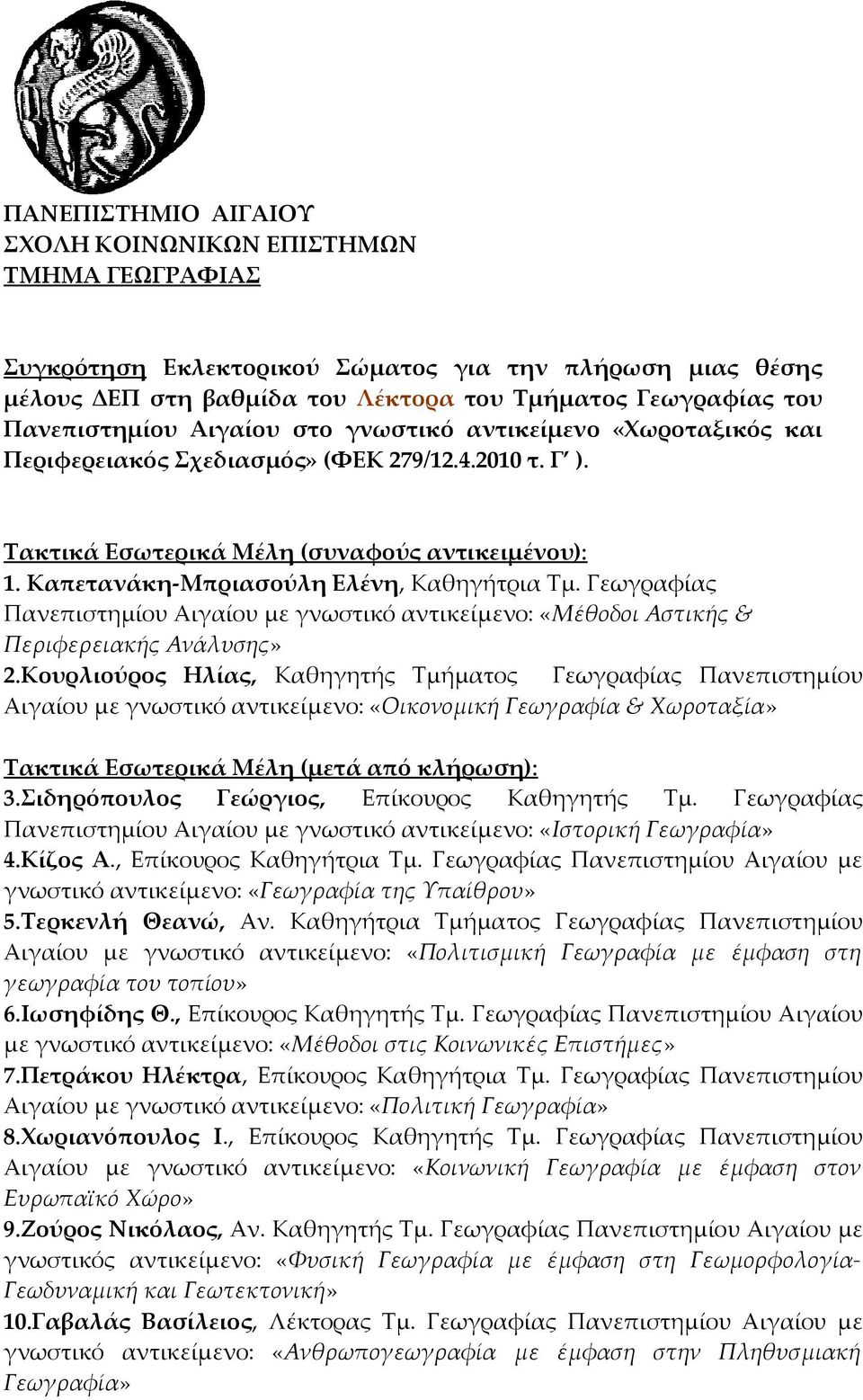 Καπετανάκη-Μπριασούλη Ελένη, Καθηγήτρια Τμ. Γεωγραφίας Πανεπιστημίου Αιγαίου με γνωστικό αντικείμενο: «Μέθοδοι Αστικής & Περιφερειακής Ανάλυσης» 2.