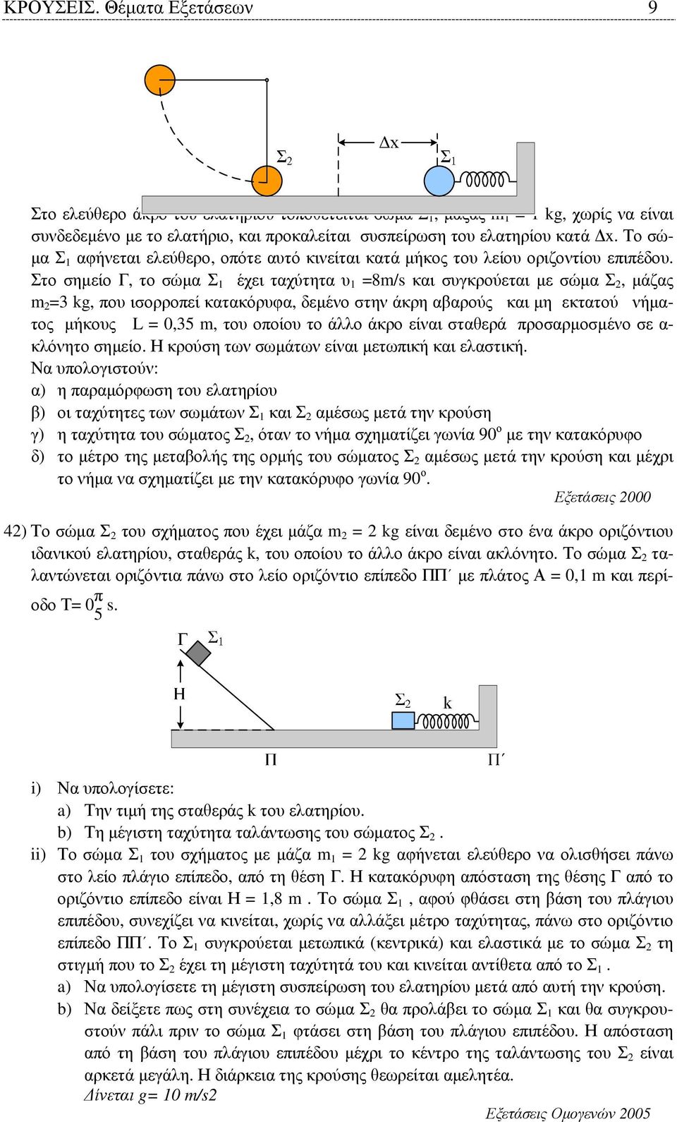 Στο σηµείο Γ, το σώµα Σ 1 έχει ταχύτητα υ 1 =8/s και συγκρούεται µε σώµα Σ, µάζας =3 kg, που ισορροπεί κατακόρυφα, δεµένο στην άκρη αβαρούς και µη εκτατού νήµατος µήκους L = 0,35, του οποίου το άλλο
