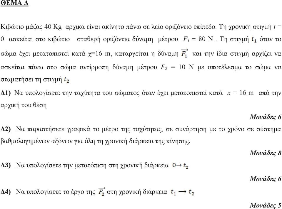 να σταματήσει τη στιγμή Δ1) Να υπολογίσετε την ταχύτητα του σώματος όταν έχει μετατοπιστεί κατά x = 16 m από την αρχική του θέση Δ2) Να παραστήσετε γραφικά το μέτρο της ταχύτητας, σε