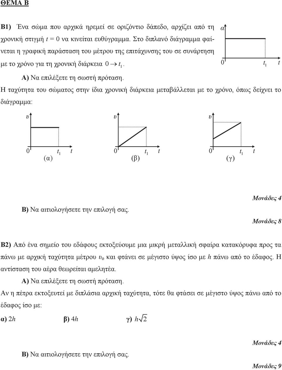 0 t 1 t Η ταχύτητα του σώματος στην ίδια χρονική διάρκεια μεταβάλλεται με το χρόνο, όπως δείχνει το διάγραμμα: υ υ υ 0 (α) t 1 t 0 (β) t 1 t 0 (γ) t 1 t Β2) Από ένα σημείο του εδάφους