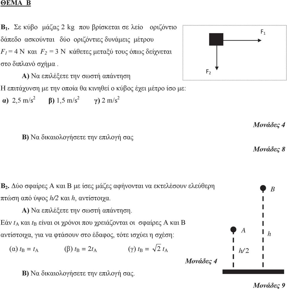 Α) Να επιλέξετε την σωστή απάντηση Η επιτάχυνση με την οποία θα κινηθεί ο κύβος έχει μέτρο ίσο με: α) 2,5 m/s 2 β) 1,5 m/s 2 γ) 2 m/s 2 F 2 F 1 Β) Να δικαιολογήσετε την επιλογή σας B 2.
