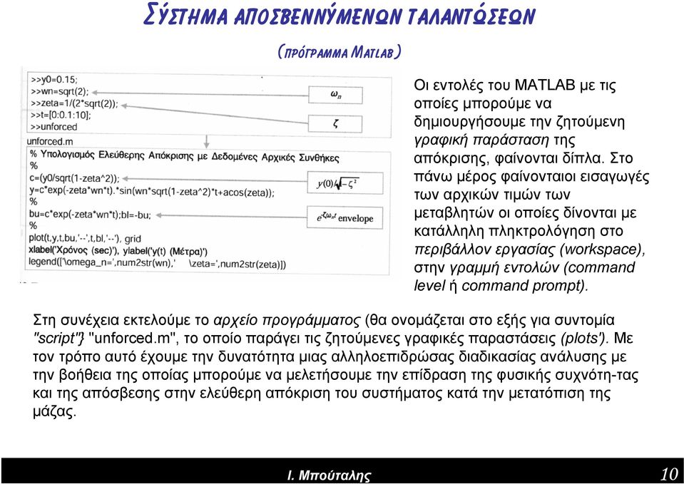 prompt). Στη συνέχεια εκτελούμε το αρχείο προγράμματος (θα ονομάζεται στο εξής για συντομία "script"} "unforced.m", το οποίο παράγει τις ζητούμενες γραφικές παραστάσεις (plots').