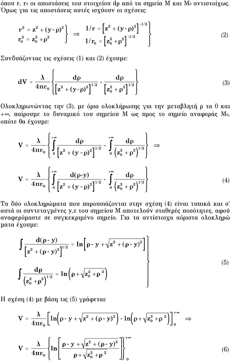 Oλοκληρωνώντας την (3 µε όρια ολοκλήρωσης για την µεταβλητή ρ τα και + παίρουµε το δυναµικό του σηµείου M ως προς το σηµείο αναφοράς M οπότε θα έχουµε: + d 4 - [ z + ( - ] 1/ + ' d ( ( z + 1/ + d(- 4