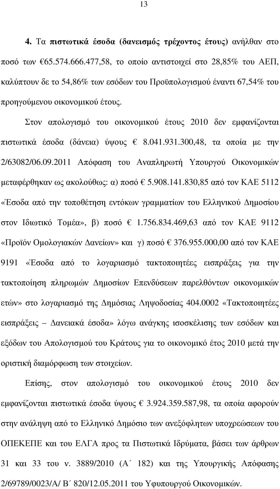 Στον απολογισµό του οικονοµικού έτους 2010 δεν εµφανίζονται πιστωτικά έσοδα (δάνεια) ύψους 8.041.931.300,48, τα οποία µε την 2/63082/06.09.