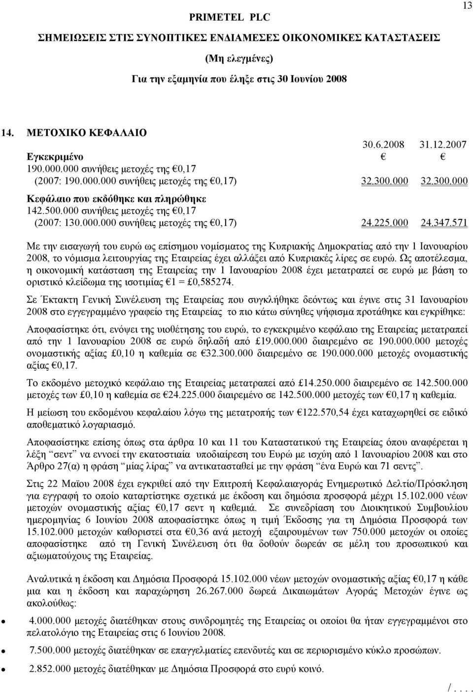 571 Με την εισαγωγή του ευρώ ως επίσηµου νοµίσµατος της Κυπριακής ηµοκρατίας από την 1 Ιανουαρίου 2008, το νόµισµα λειτουργίας της Εταιρείας έχει αλλάξει από Κυπριακές λίρες σε ευρώ.