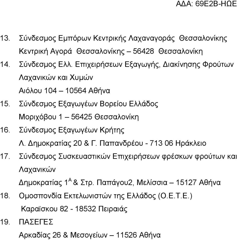 Σύνδεσµος Εξαγωγέων Βορείου Ελλάδος Μοριχόβου 1 56425 Θεσσαλονίκη 16. Σύνδεσµος Εξαγωγέων Κρήτης Λ. ηµοκρατίας 20 & Γ. Παπανδρέου - 713 06 Ηράκλειο 17.