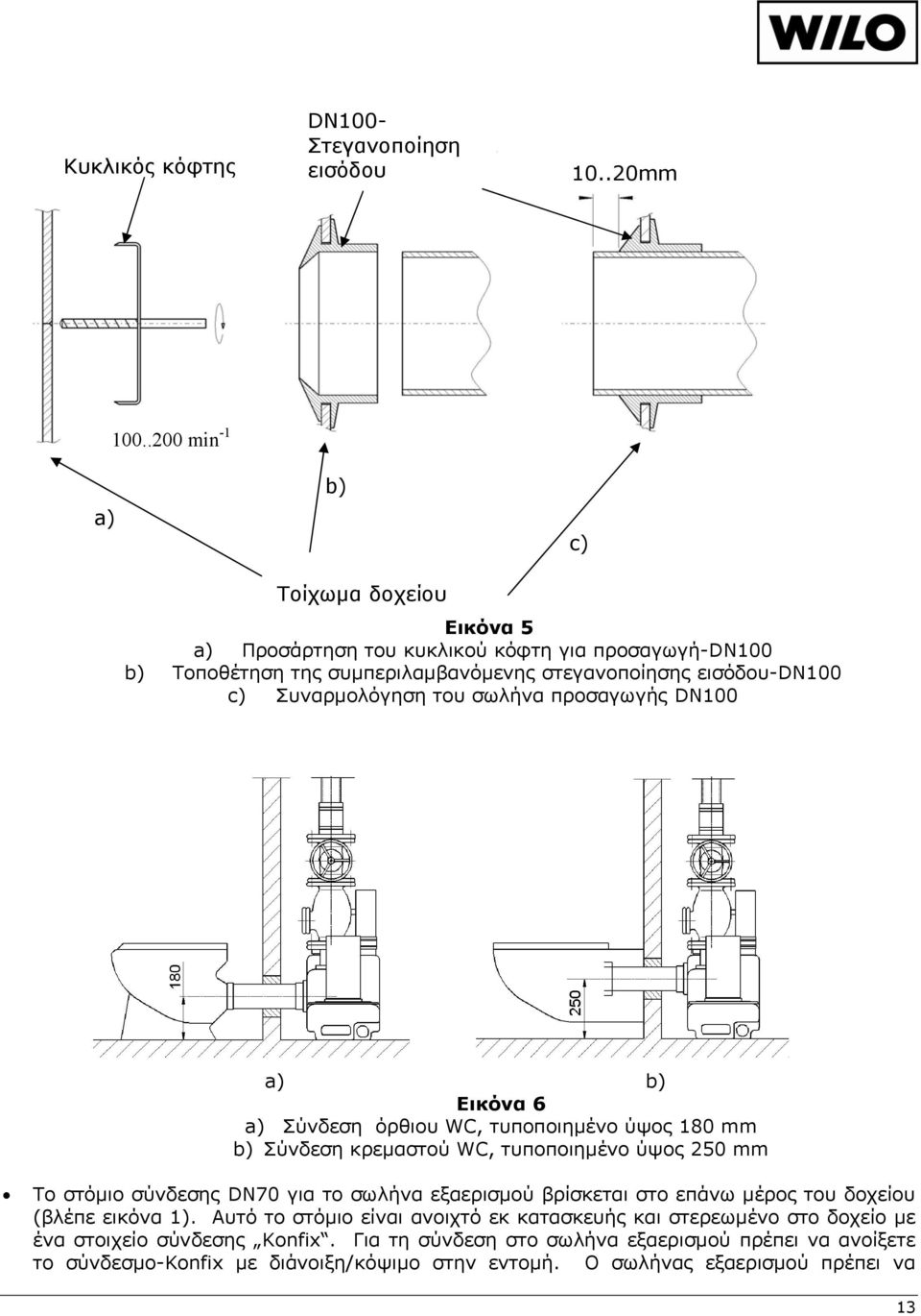 του σωλήνα προσαγωγής DN100 a) b) Εικόνα 6 a) Σύνδεση όρθιου WC, τυποποιημένο ύψος 180 mm b) Σύνδεση κρεμαστού WC, τυποποιημένο ύψος 250 mm Το στόμιο σύνδεσης DN70 για το σωλήνα