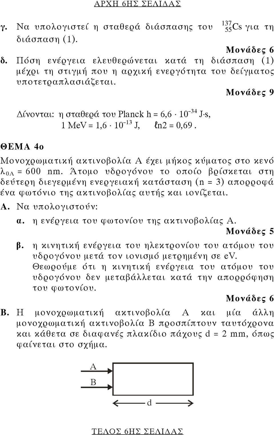 Μονάδες 9 ίνονται: η σταθερά του Planck h = 6,6 0 34 J s, MeV =,6 0 3 J, ln2 = 0,69. ΘΕΜΑ 4ο Μονοχρωματική ακτινοβολία Α έχει μήκος κύματος στο κενό λ 0Α = 600 nm.