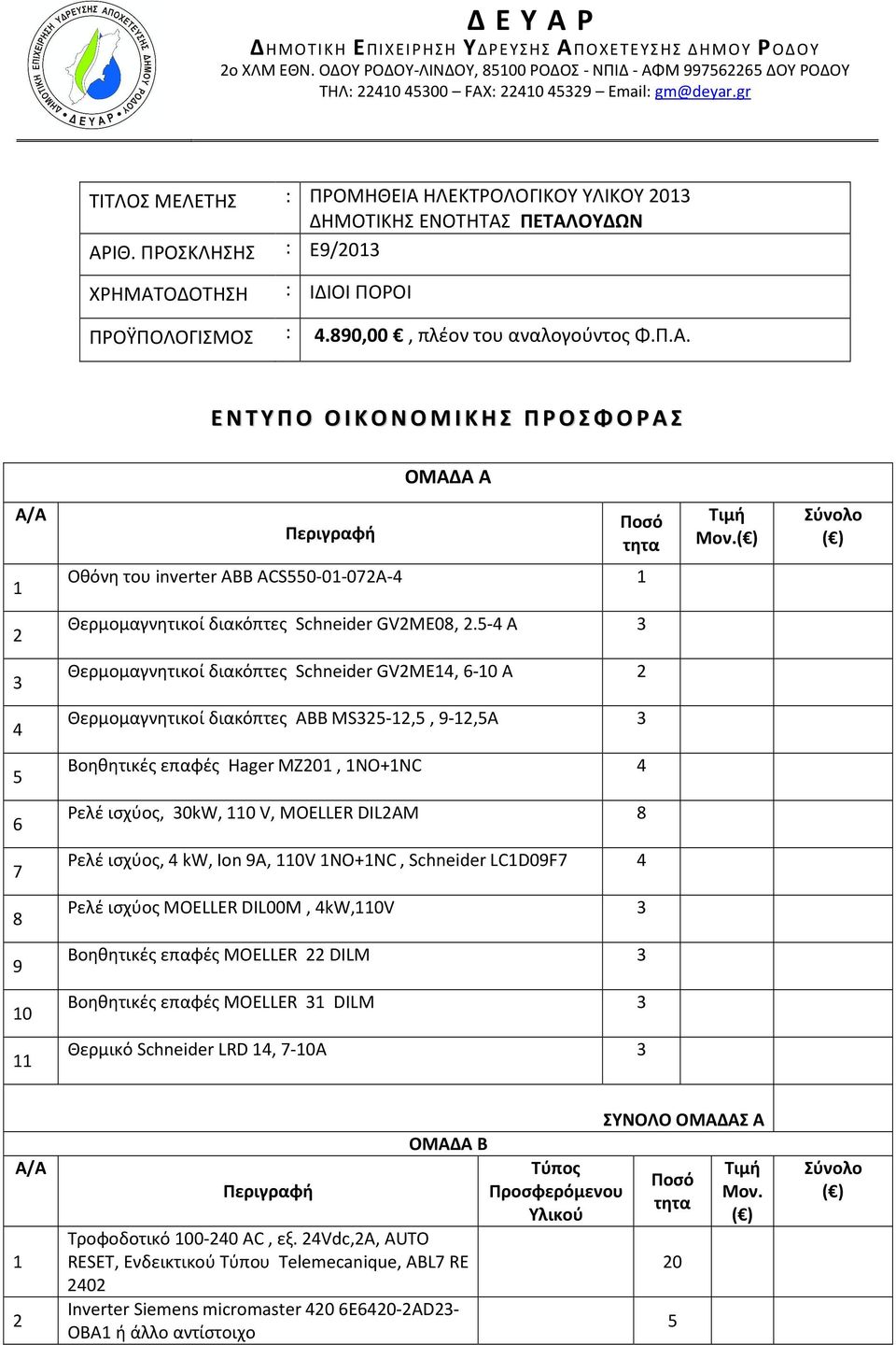 ( ) Σύνολο ( ) 1 Οθόνη του inverter ABB ACS550-01-072A-4 1 2 Θερμομαγνητικοί διακόπτες Schneider GV2ΜΕ08, 2.