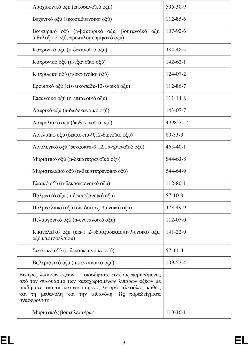 Λαυρικό οξύ (n-δωδεκανοϊκό οξύ) 143-07-7 Λαυρελαϊκό οξύ (δωδεκενοϊκό οξύ) 4998-71-4 Λινελαϊκό οξύ (δεκαοκτα-9,12-διενοϊκό οξύ) 60-33-3 Λινολενικό οξύ (δεκαοκτα-9,12,15-τριενοϊκό οξύ) 463-40-1