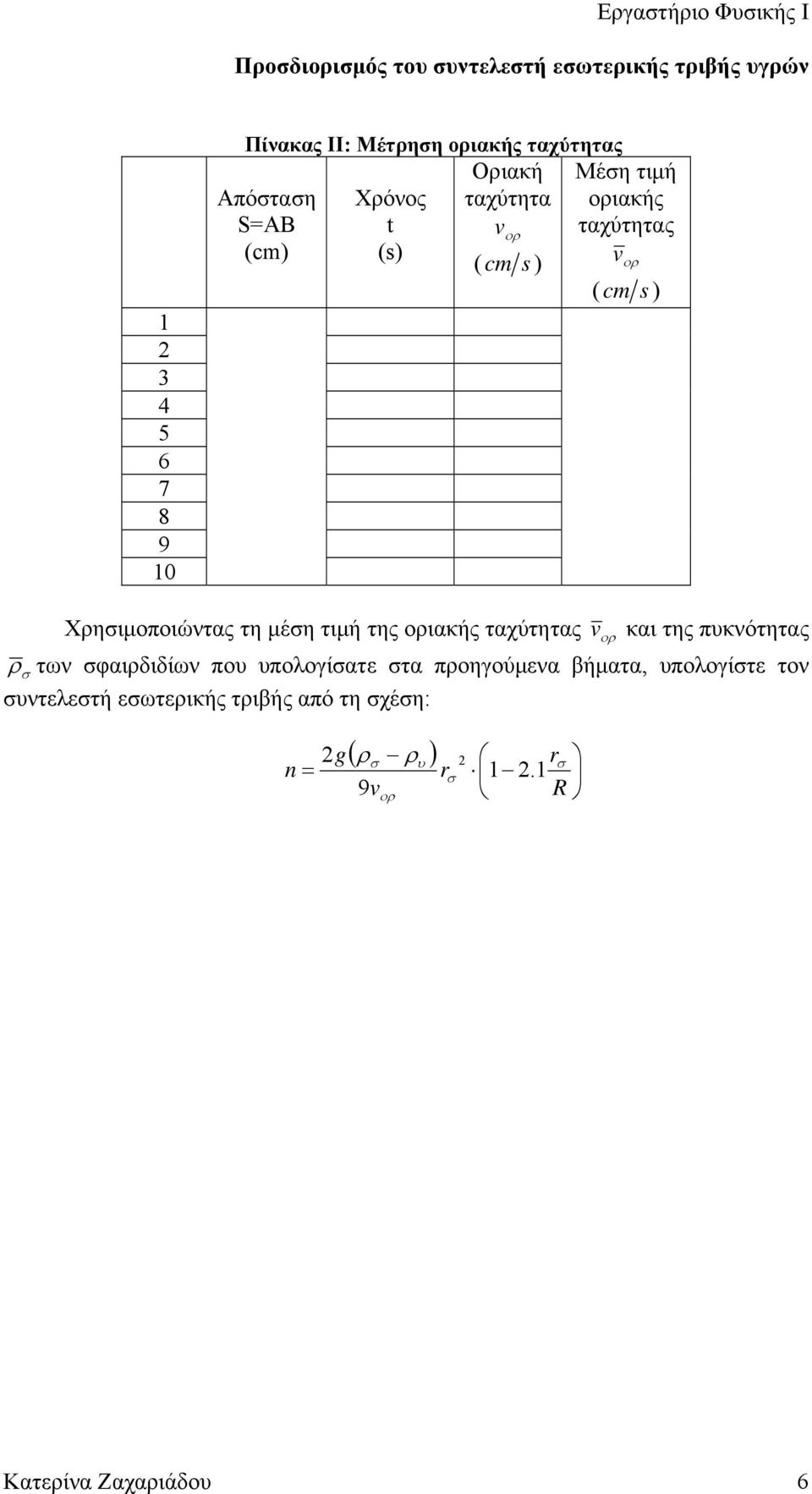 οριακής ταχύτητας v και της πυκνότητας των σφαιρδιδίων που υπολογίσατε στα προηγούμενα