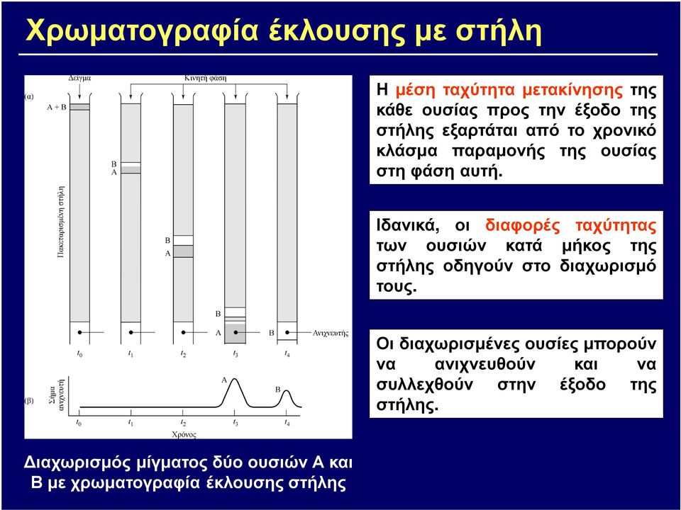 Ιδανικά, οι διαφορές ταχύτητας των ουσιών κατά µήκος της στήλης οδηγούν στο διαχωρισµό τους.